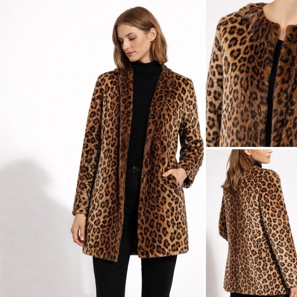 Adrienne Landau Leopard Faux Fur Coat Jacket Open Front Pockets Size M